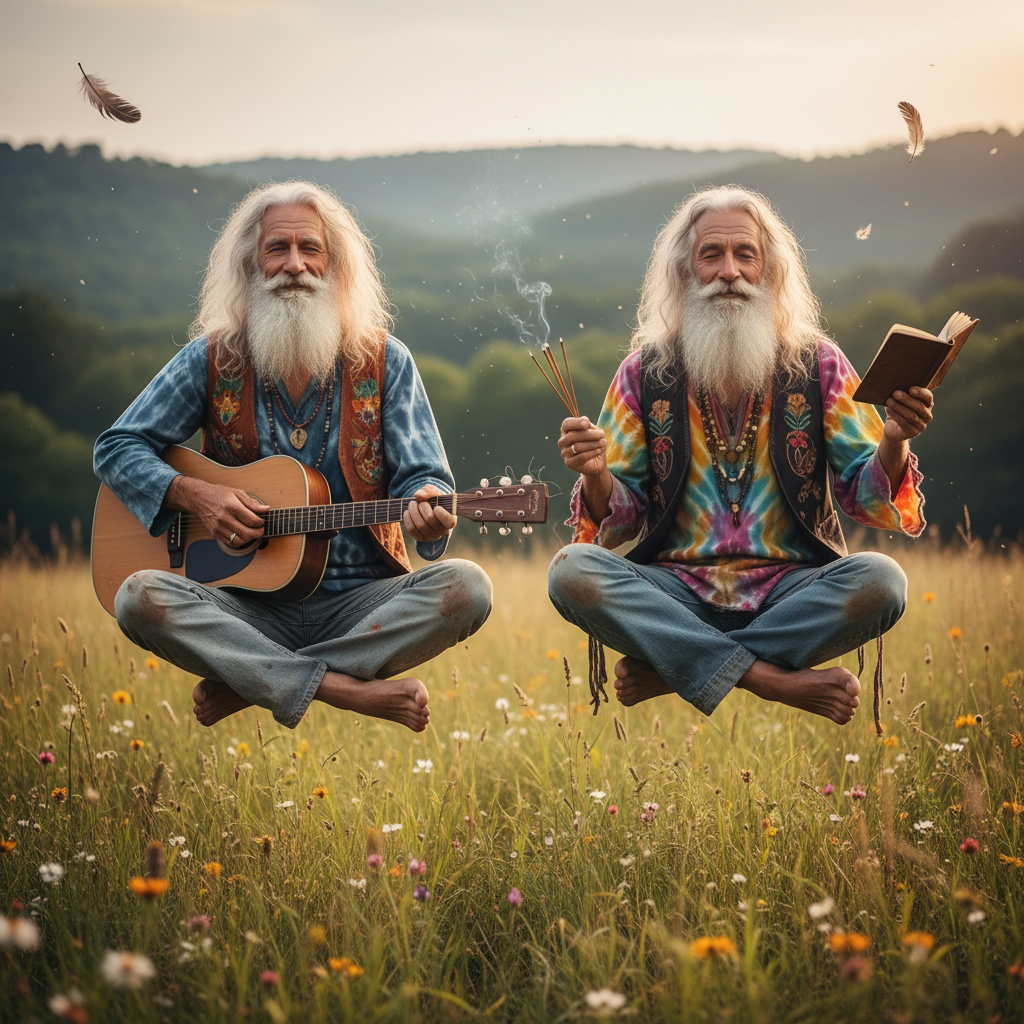Frail hippie old men floating midair